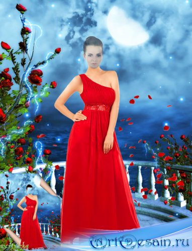 Многослойный женский psd шаблон - Девушка в красном платье в лепестках роз