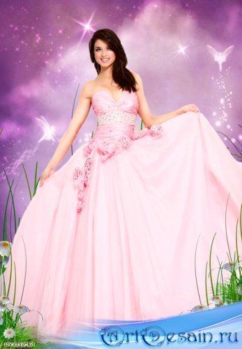 Женский psd шаблон - Девушка в розовом платье с розами на сказочном фоне