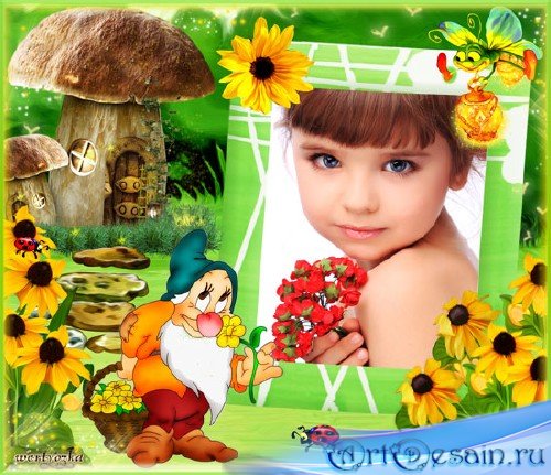 Детская рамка для фотошопа - Гномик с чудесными желтыми цветами