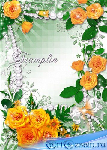 Цветочная рамка с оранжевыми розами и жемчугом