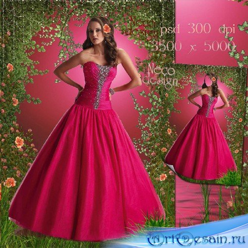 Женский шаблон - В бальном розовом платье в розовом саду