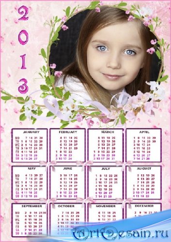 Красивый календарь - рамка для фотошопа с нежными цветами и кокетливыми бан ...