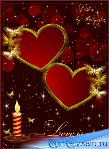 Романтичная рамка для фотошопа - Влюбленные сердца, свеча и золотые мотыльк ...
