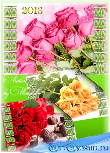 PSD Календари 2013 - Красные розы, розовые розы, чайные розы 