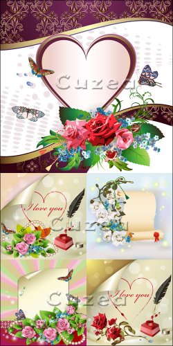 , ,        / Roll, feather, inkwell and roses by a festival of love in a vector