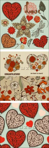         / Vector vintage hearts and flowers for registration of festive cards