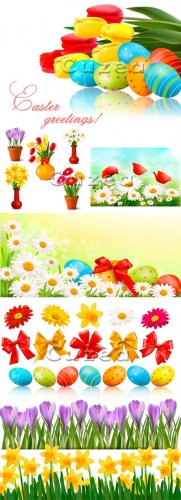    / Big Easter set with eggs, flowers, bows and ribbons Vector