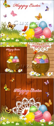         / Vector easter baskets on a wooden background in a vector