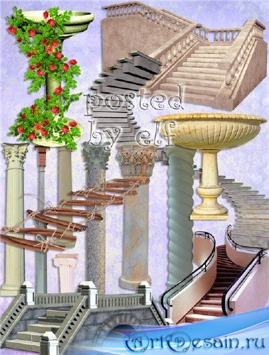Мосты, фонтаны, лестницы, колонны на прозрачном фоне