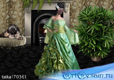 Женский шаблон для фотошопа - Девушка в зелёном платье у камина