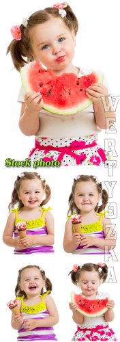   ,    / Girl with watermelon, girl with ice cream - raster clipart