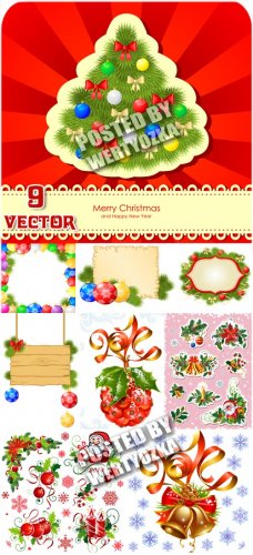  , , ,  / Christmas elements, christmas tree, balls, bells - vector