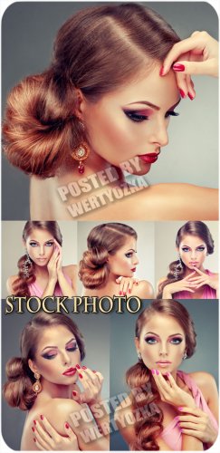 Beautiful girl, trendy makeup and stylish hairstyle - stock photo