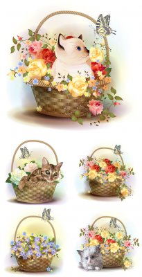     ,  / Baskets of flowers and kittens, vect ...
