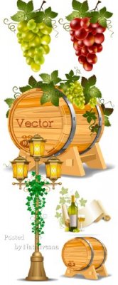 Виноградное вино в бочонке и грозди винограда в Векторе 