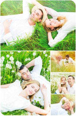       / Romantic couple in nature with dandelions - Stock photo