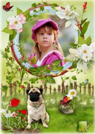 Цветочная рамка для фото с собачкой мопс - Чудесный летний день
