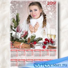 Новогодний календарь с еловой веткой и бокалами шампанского на 2017 год – Н ...