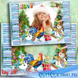 Красочный календарь-рамка 2017 с весёлыми снеговичками и символом года пету ...