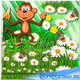 Клипарт для детей - Зелёная лужайка с ромашками и бабочками