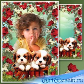 Цветочная рамка для фото с милыми щенками - Первая прогулка