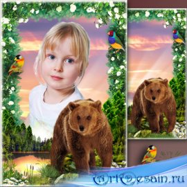 Рамка для фото с медведем на фоне пейзажа - Мишка на закате